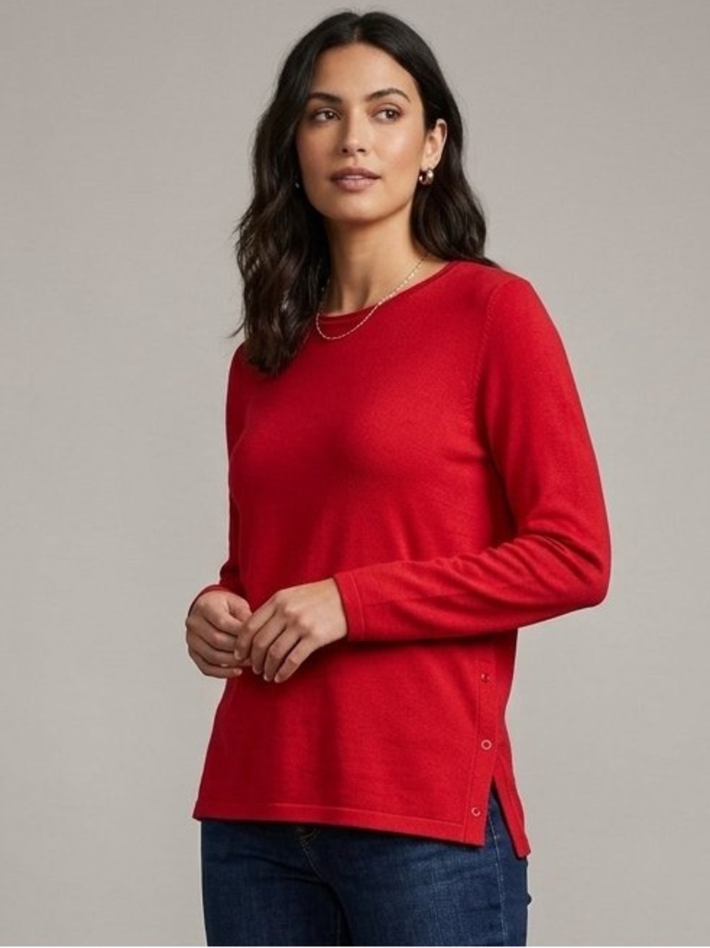 J. Jill Snap Side Crew Neck Sweater Perfect Red Medium